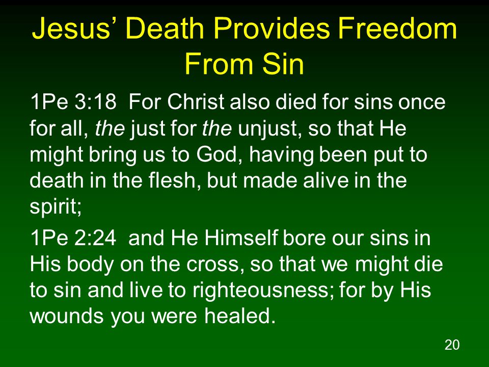 20 Jesus’ Death Provides Freedom From Sin 1Pe 3:18 For Christ also died for sins once for all, the just for the unjust, so that He might bring us to God, having been put to death in the flesh, but made alive in the spirit; 1Pe 2:24 and He Himself bore our sins in His body on the cross, so that we might die to sin and live to righteousness; for by His wounds you were healed.