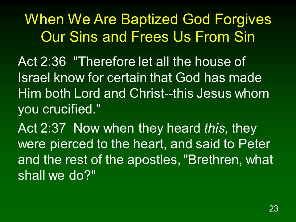 23 When We Are Baptized God Forgives Our Sins and Frees Us From Sin Act 2:36 Therefore let all the house of Israel know for certain that God has made Him both Lord and Christ--this Jesus whom you crucified. Act 2:37 Now when they heard this, they were pierced to the heart, and said to Peter and the rest of the apostles, Brethren, what shall we do