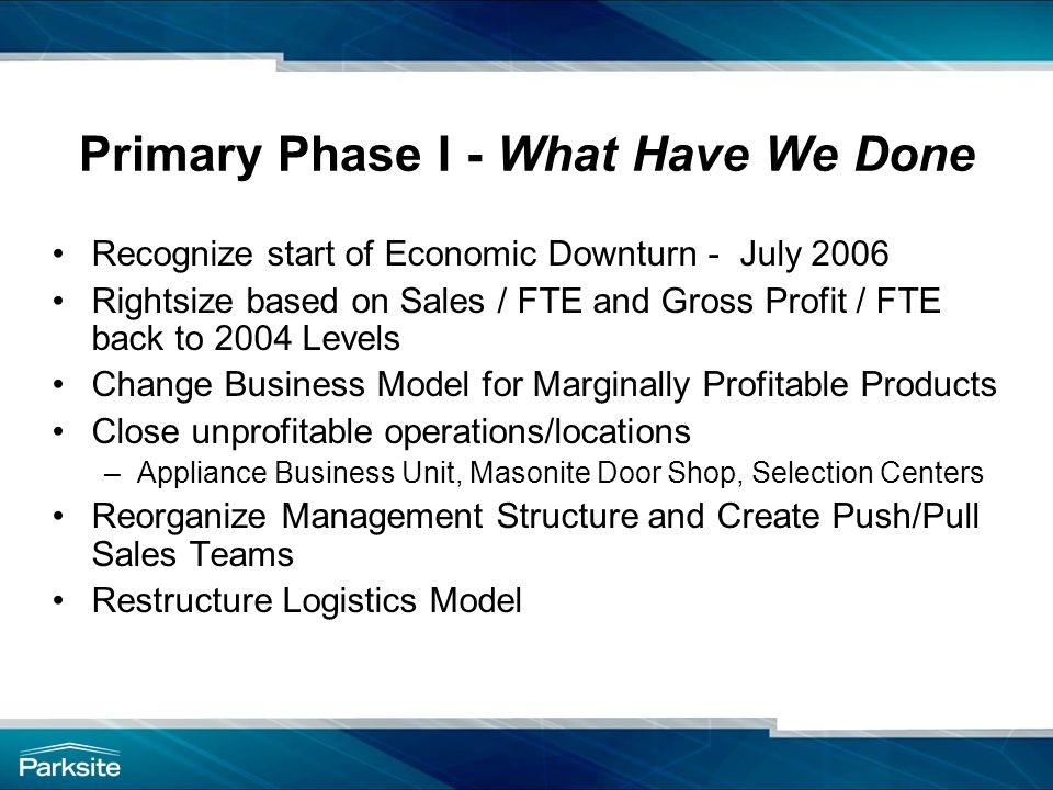 Primary Phase I - What Have We Done Recognize start of Economic Downturn - July 2006 Rightsize based on Sales / FTE and Gross Profit / FTE back to 2004 Levels Change Business Model for Marginally Profitable Products Close unprofitable operations/locations –Appliance Business Unit, Masonite Door Shop, Selection Centers Reorganize Management Structure and Create Push/Pull Sales Teams Restructure Logistics Model