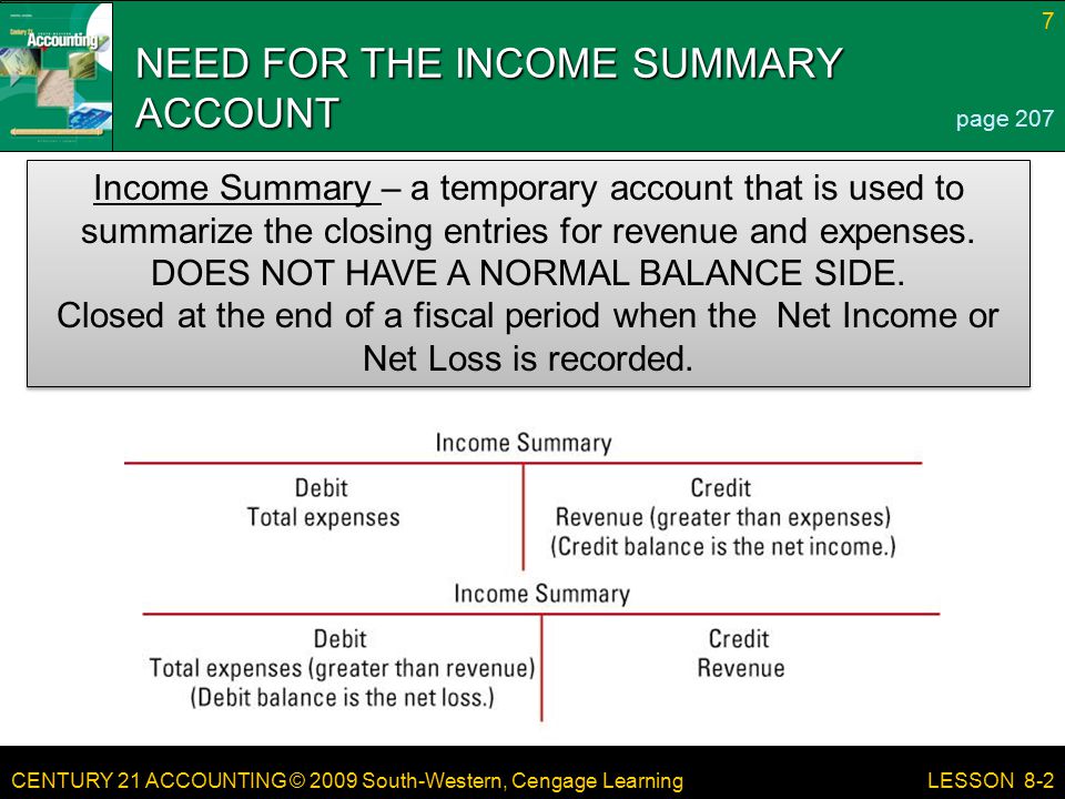 CENTURY 21 ACCOUNTING © 2009 South-Western, Cengage Learning 7 LESSON 8-2 NEED FOR THE INCOME SUMMARY ACCOUNT page 207 Income Summary – a temporary account that is used to summarize the closing entries for revenue and expenses.