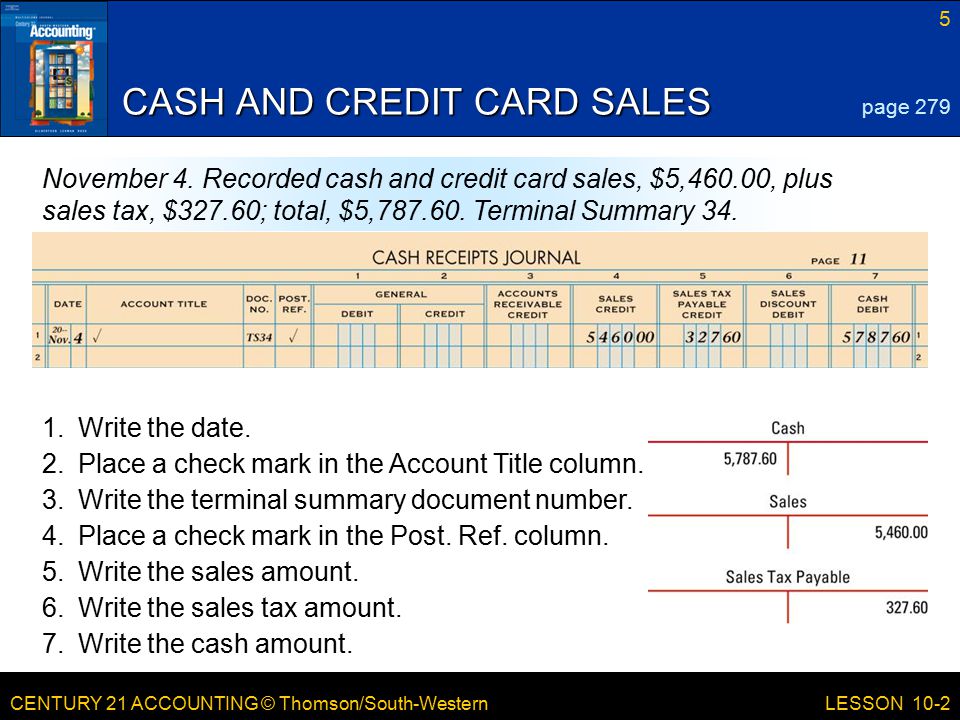 CENTURY 21 ACCOUNTING © Thomson/South-Western 5 LESSON 10-2 CASH AND CREDIT CARD SALES page 279 November 4.