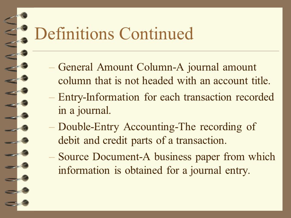Definitions Continued –General Amount Column-A journal amount column that is not headed with an account title.