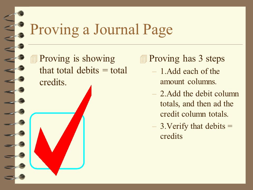 Proving a Journal Page 4 Proving is showing that total debits = total credits.