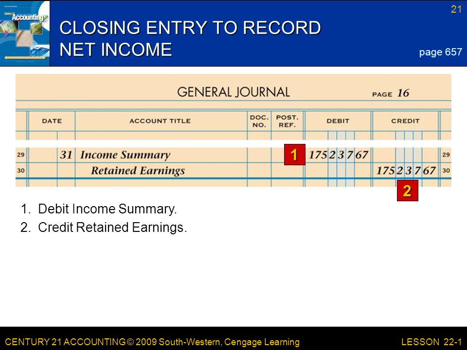 CENTURY 21 ACCOUNTING © 2009 South-Western, Cengage Learning 21 LESSON 22-1 CLOSING ENTRY TO RECORD NET INCOME 1 2 page Credit Retained Earnings.