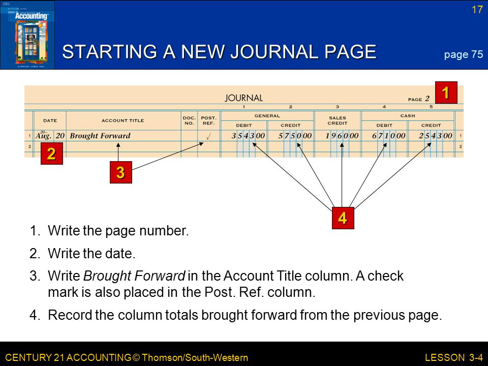 CENTURY 21 ACCOUNTING © Thomson/South-Western 17 LESSON 3-4 STARTING A NEW JOURNAL PAGE page Write the page number.