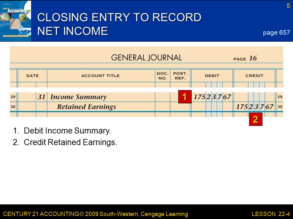 CENTURY 21 ACCOUNTING © 2009 South-Western, Cengage Learning 5 LESSON 22-4 CLOSING ENTRY TO RECORD NET INCOME 1 2 page Credit Retained Earnings.