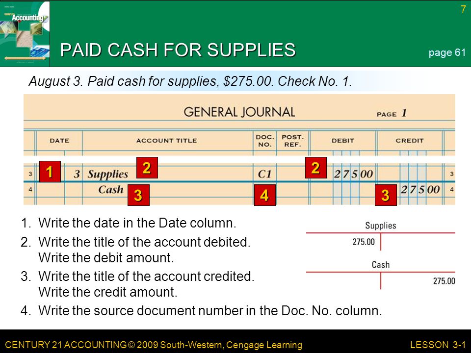 CENTURY 21 ACCOUNTING © 2009 South-Western, Cengage Learning 7 LESSON 3-1 PAID CASH FOR SUPPLIES page 61 August 3.