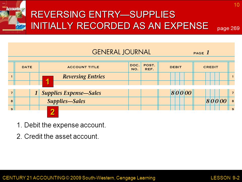 CENTURY 21 ACCOUNTING © 2009 South-Western, Cengage Learning 10 LESSON Debit the expense account.
