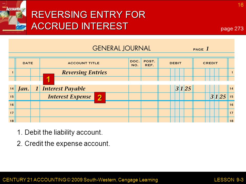 CENTURY 21 ACCOUNTING © 2009 South-Western, Cengage Learning 16 LESSON Debit the liability account.