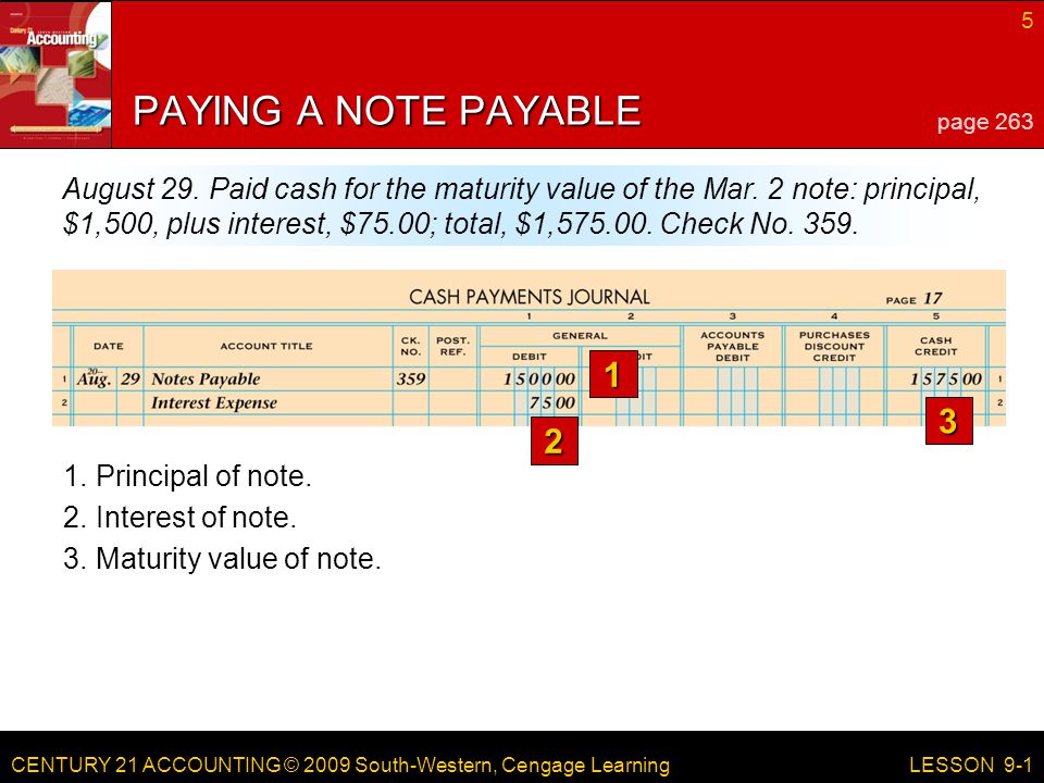 CENTURY 21 ACCOUNTING © 2009 South-Western, Cengage Learning 5 LESSON Principal of note.