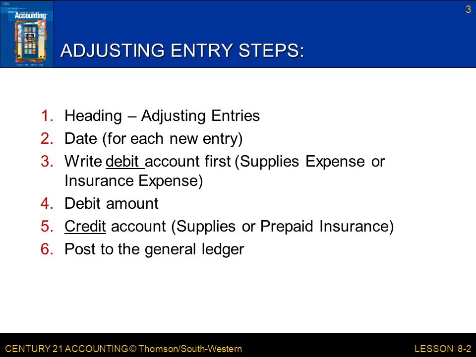 CENTURY 21 ACCOUNTING © Thomson/South-Western 3 LESSON 8-2 ADJUSTING ENTRY STEPS: 1.Heading – Adjusting Entries 2.Date (for each new entry) 3.Write debit account first (Supplies Expense or Insurance Expense) 4.Debit amount 5.Credit account (Supplies or Prepaid Insurance) 6.Post to the general ledger