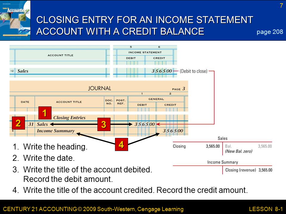CENTURY 21 ACCOUNTING © 2009 South-Western, Cengage Learning 7 LESSON 8-1 CLOSING ENTRY FOR AN INCOME STATEMENT ACCOUNT WITH A CREDIT BALANCE page Write the heading.