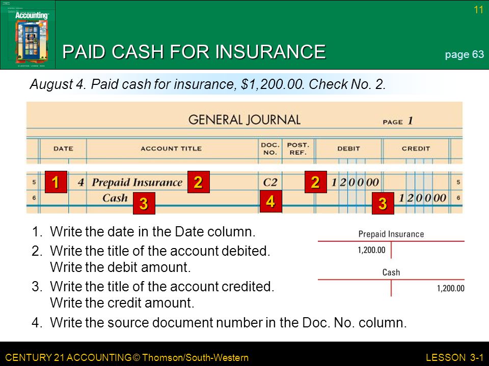 CENTURY 21 ACCOUNTING © Thomson/South-Western 11 LESSON 3-1 PAID CASH FOR INSURANCE page 63 August 4.