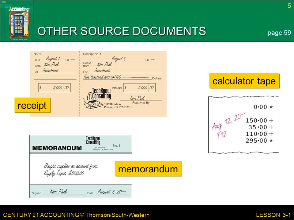 CENTURY 21 ACCOUNTING © Thomson/South-Western 5 LESSON 3-1 OTHER SOURCE DOCUMENTS page 59 memorandum calculator tape receipt