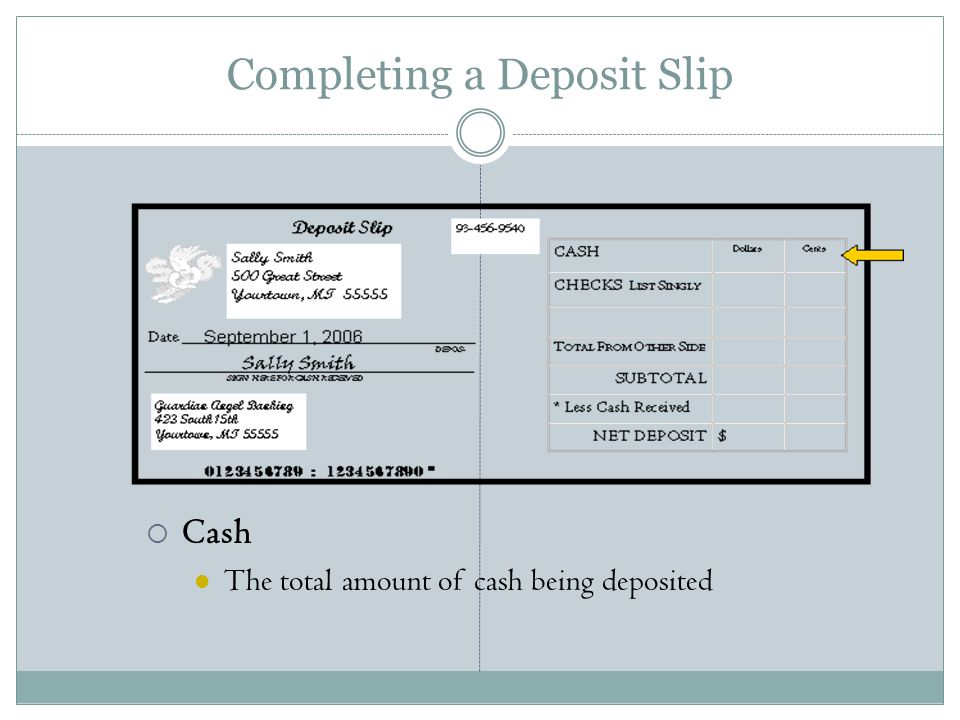 Completing a Deposit Slip  Cash The total amount of cash being deposited
