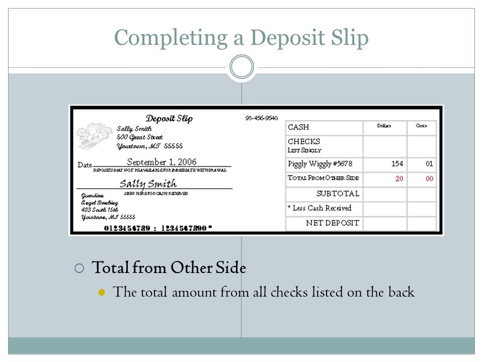 Completing a Deposit Slip  Total from Other Side The total amount from all checks listed on the back