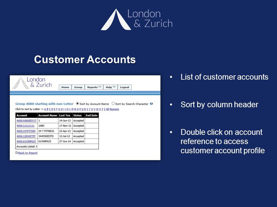 List of customer accounts Sort by column header Double click on account reference to access customer account profile Customer Accounts