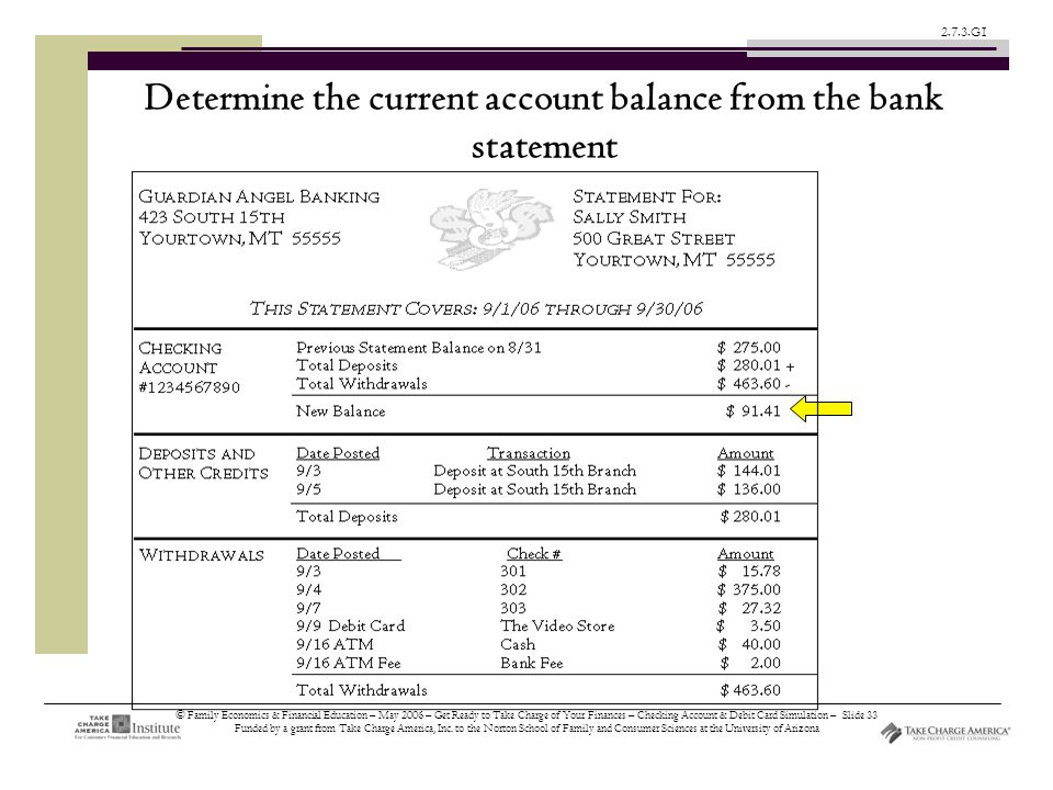© Family Economics & Financial Education – May 2006 – Get Ready to Take Charge of Your Finances – Checking Account & Debit Card Simulation – Slide 33 Funded by a grant from Take Charge America, Inc.
