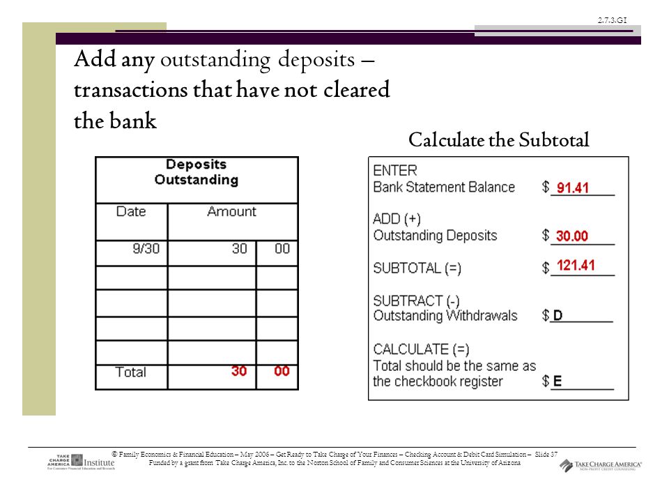 © Family Economics & Financial Education – May 2006 – Get Ready to Take Charge of Your Finances – Checking Account & Debit Card Simulation – Slide 37 Funded by a grant from Take Charge America, Inc.