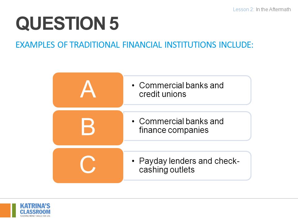 EXAMPLES OF TRADITIONAL FINANCIAL INSTITUTIONS INCLUDE: Commercial banks and credit unions A Commercial banks and finance companies B Payday lenders and check- cashing outlets C Lesson 2: In the Aftermath QUESTION 5