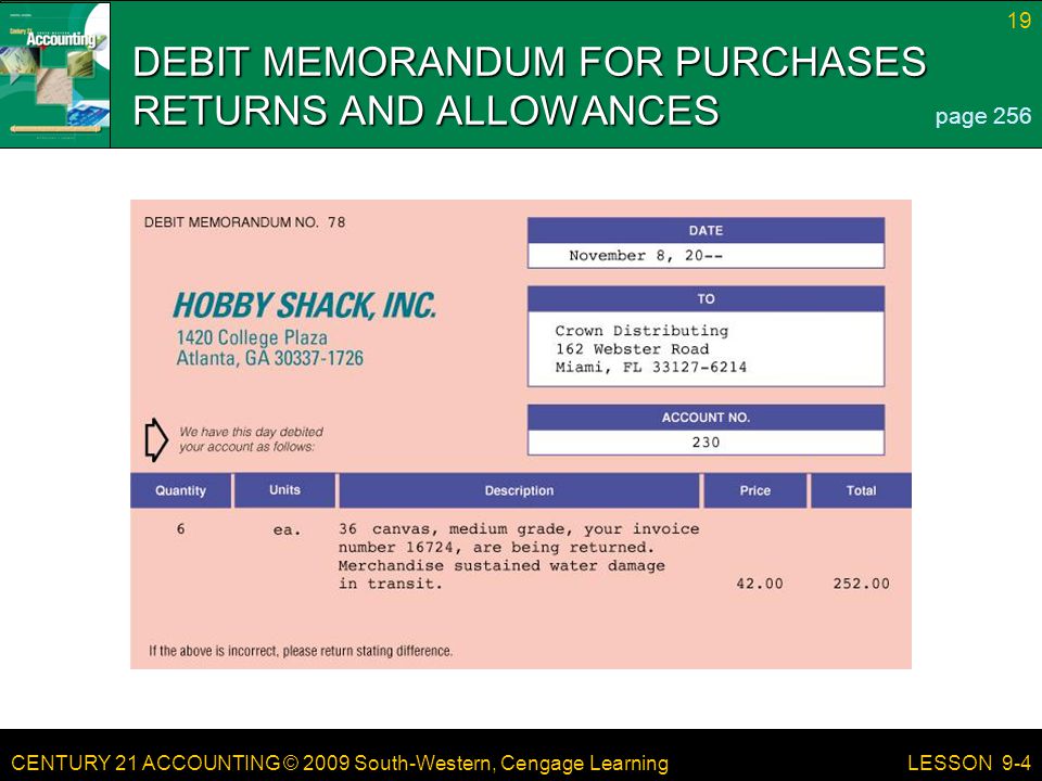 CENTURY 21 ACCOUNTING © 2009 South-Western, Cengage Learning 19 LESSON 9-4 DEBIT MEMORANDUM FOR PURCHASES RETURNS AND ALLOWANCES page 256