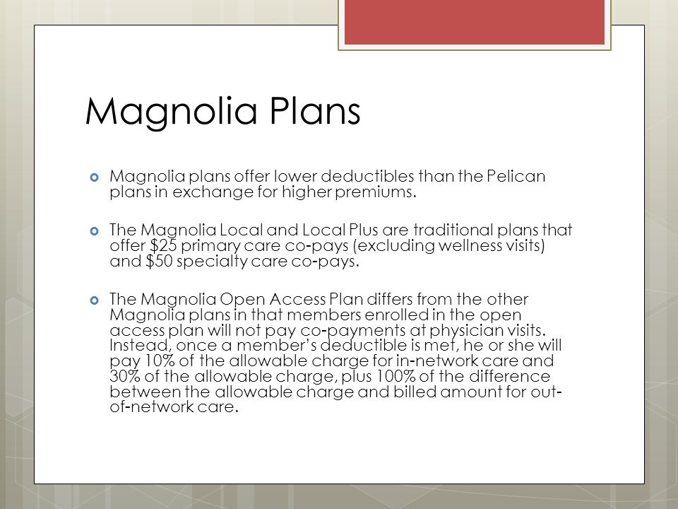 Magnolia Plans  Magnolia plans offer lower deductibles than the Pelican plans in exchange for higher premiums.