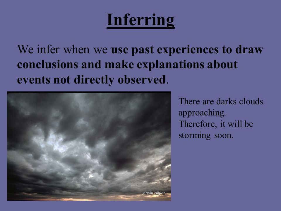 Inferring We infer when we use past experiences to draw conclusions and make explanations about events not directly observed.