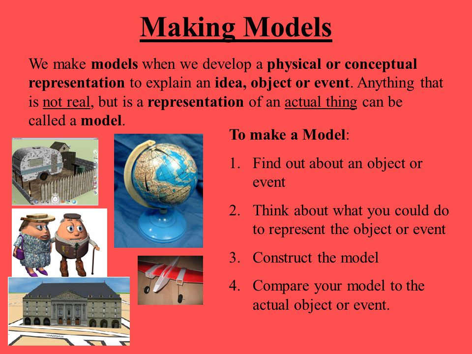 Making Models We make models when we develop a physical or conceptual representation to explain an idea, object or event.