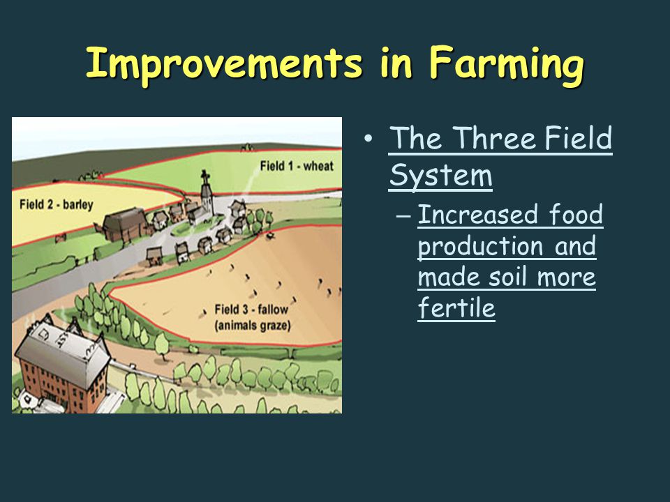 Improvements in Farming The Three Field System – Increased food production and made soil more fertile