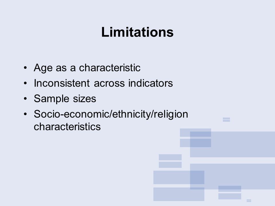 Limitations Age as a characteristic Inconsistent across indicators Sample sizes Socio-economic/ethnicity/religion characteristics
