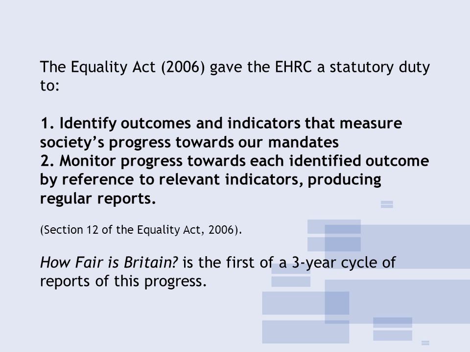 The Equality Act (2006) gave the EHRC a statutory duty to: 1.