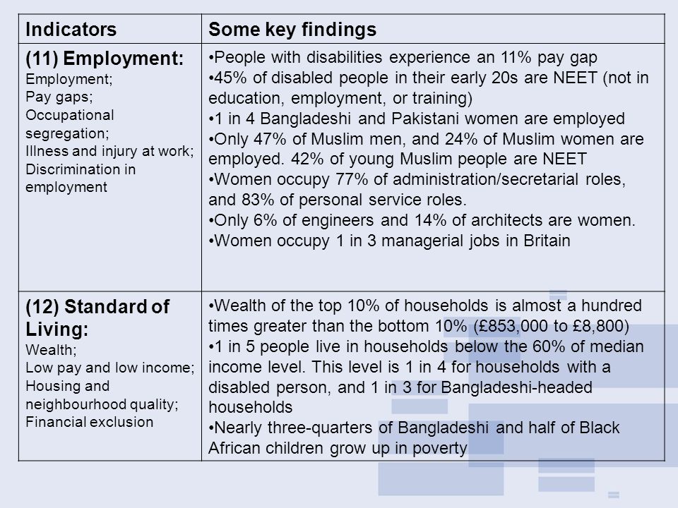 IndicatorsSome key findings (11) Employment: Employment; Pay gaps; Occupational segregation; Illness and injury at work; Discrimination in employment People with disabilities experience an 11% pay gap 45% of disabled people in their early 20s are NEET (not in education, employment, or training) 1 in 4 Bangladeshi and Pakistani women are employed Only 47% of Muslim men, and 24% of Muslim women are employed.