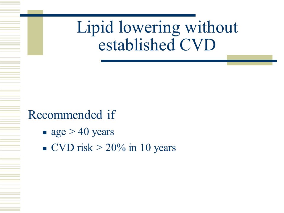 Lipid lowering without established CVD Recommended if age > 40 years CVD risk > 20% in 10 years
