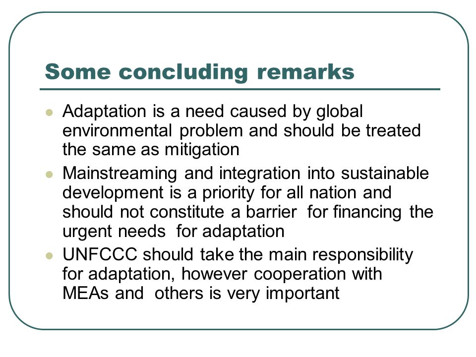 Some concluding remarks Adaptation is a need caused by global environmental problem and should be treated the same as mitigation Mainstreaming and integration into sustainable development is a priority for all nation and should not constitute a barrier for financing the urgent needs for adaptation UNFCCC should take the main responsibility for adaptation, however cooperation with MEAs and others is very important