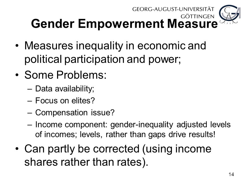Gender Empowerment Measure Measures inequality in economic and political participation and power; Some Problems: –Data availability; –Focus on elites.