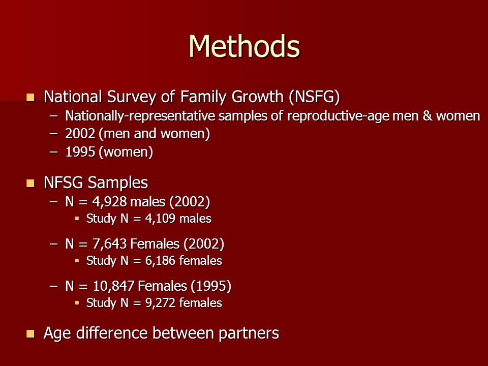 Methods National Survey of Family Growth (NSFG) National Survey of Family Growth (NSFG) –Nationally-representative samples of reproductive-age men & women –2002 (men and women) –1995 (women) NFSG Samples NFSG Samples –N = 4,928 males (2002)  Study N = 4,109 males –N = 7,643 Females (2002)  Study N = 6,186 females –N = 10,847 Females (1995)  Study N = 9,272 females Age difference between partners Age difference between partners