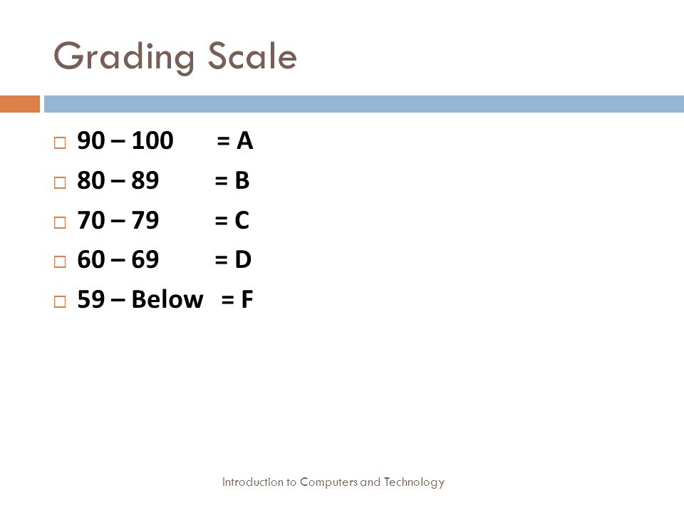 Grading Scale Introduction to Computers and Technology  90 – 100 = A  80 – 89 = B  70 – 79 = C  60 – 69 = D  59 – Below = F