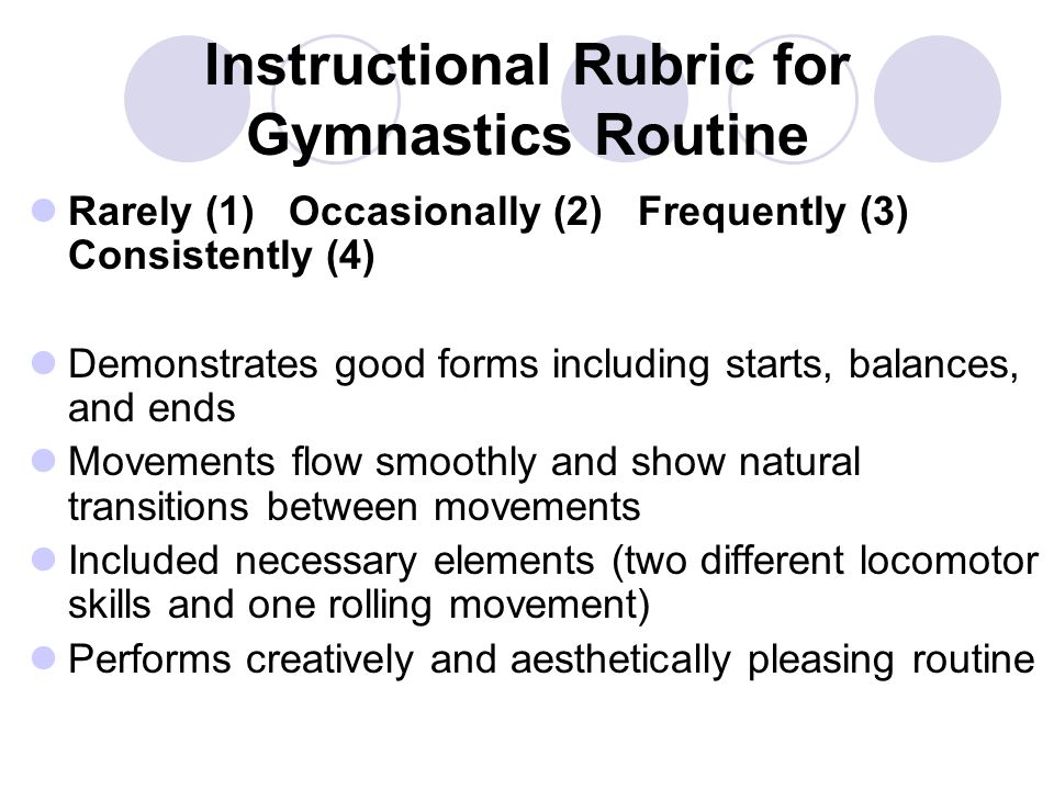 Instructional Rubric for Gymnastics Routine Rarely (1) Occasionally (2) Frequently (3) Consistently (4) Demonstrates good forms including starts, balances, and ends Movements flow smoothly and show natural transitions between movements Included necessary elements (two different locomotor skills and one rolling movement) Performs creatively and aesthetically pleasing routine