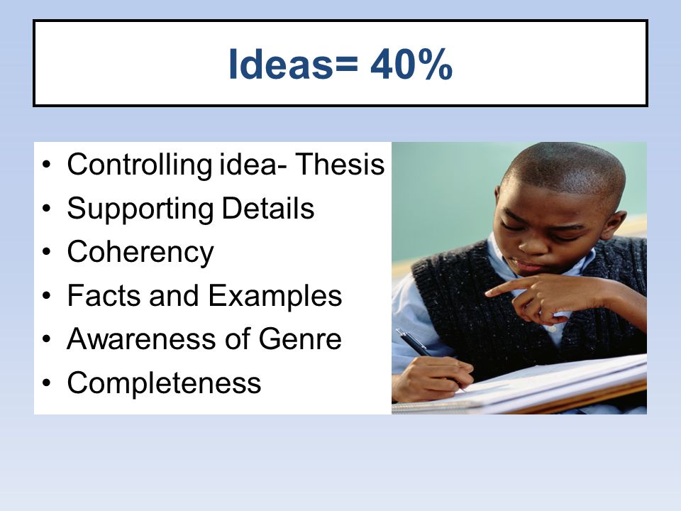 Ideas= 40% Controlling idea- Thesis Supporting Details Coherency Facts and Examples Awareness of Genre Completeness