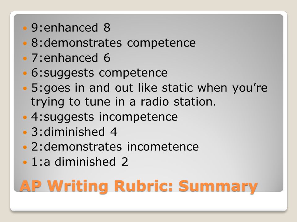 AP Writing Rubric: Summary 9:enhanced 8 8:demonstrates competence 7:enhanced 6 6:suggests competence 5:goes in and out like static when you’re trying to tune in a radio station.