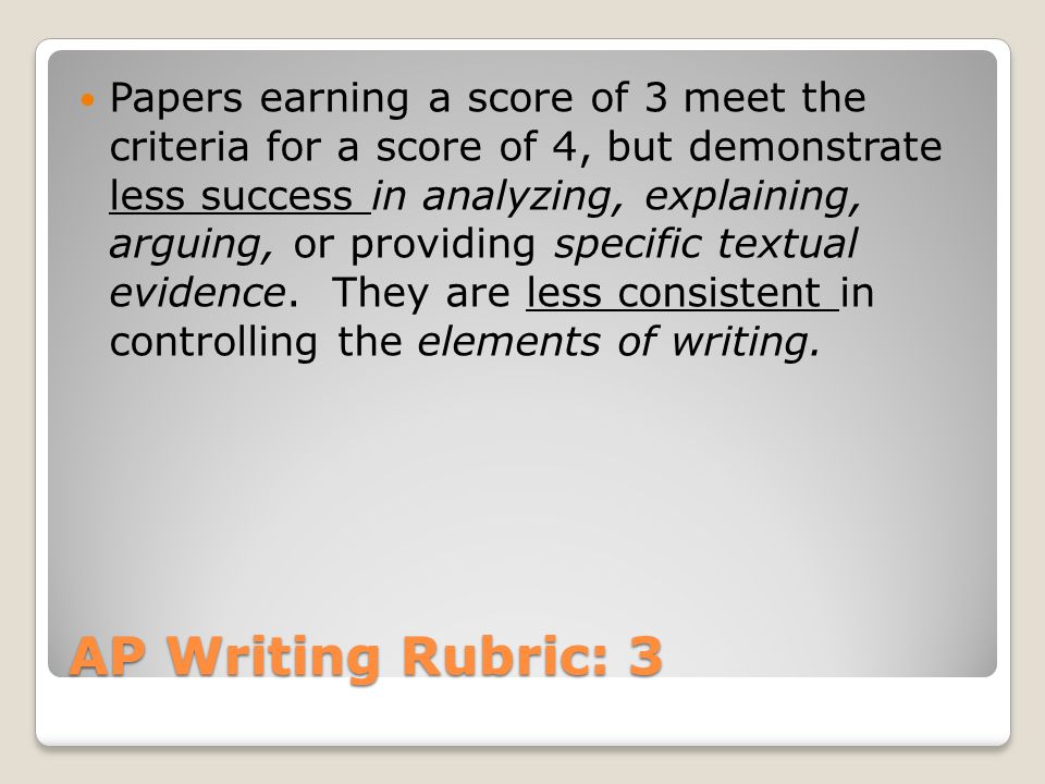 AP Writing Rubric: 3 Papers earning a score of 3 meet the criteria for a score of 4, but demonstrate less success in analyzing, explaining, arguing, or providing specific textual evidence.
