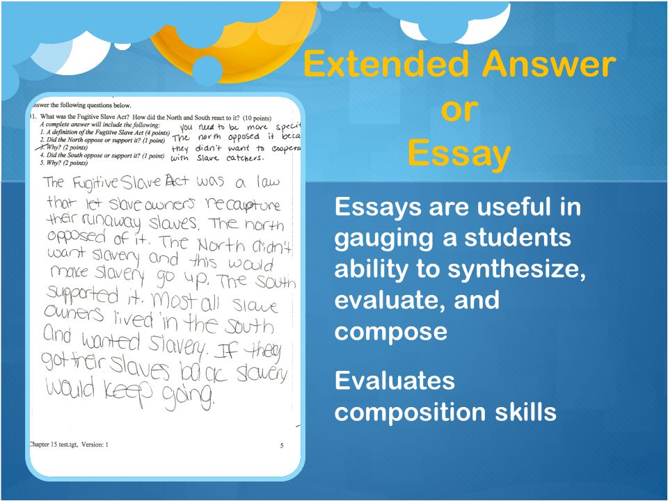 Extended Answer or Essay Essays are useful in gauging a students ability to synthesize, evaluate, and compose Evaluates composition skills