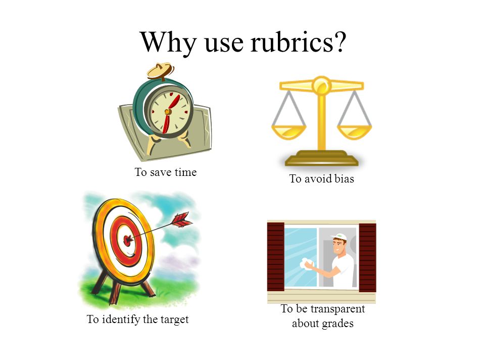 Why use rubrics To identify the target To save time To avoid bias To be transparent about grades