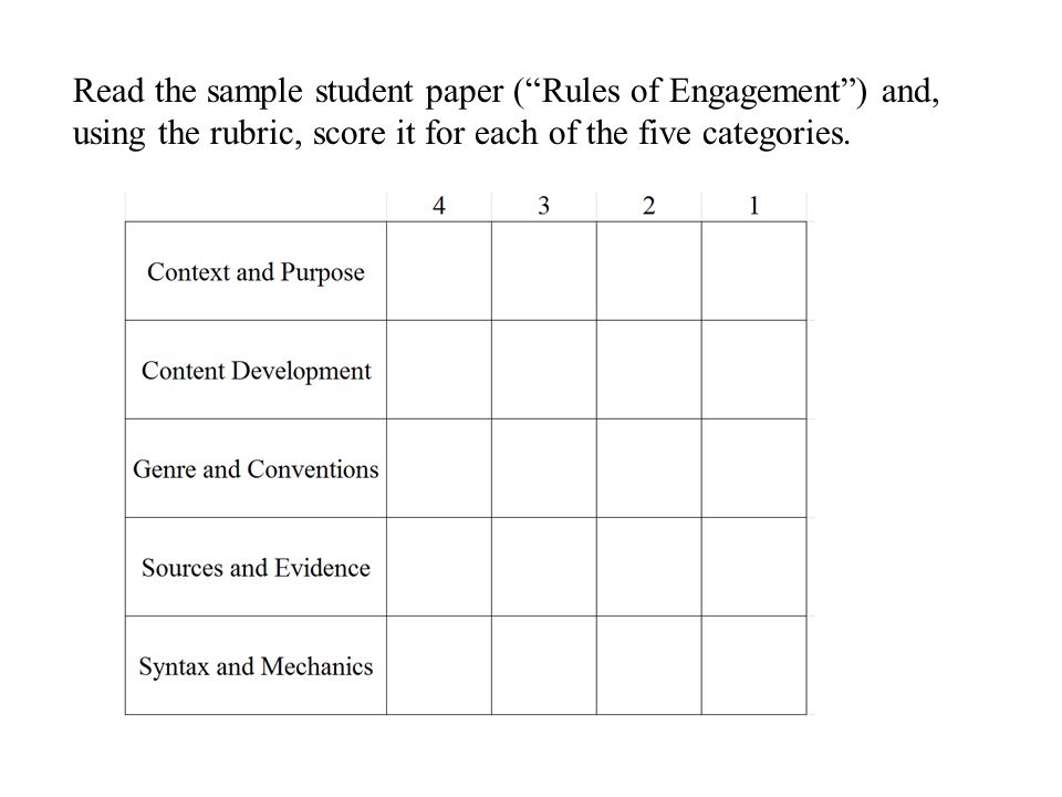 Read the sample student paper ( Rules of Engagement ) and, using the rubric, score it for each of the five categories.
