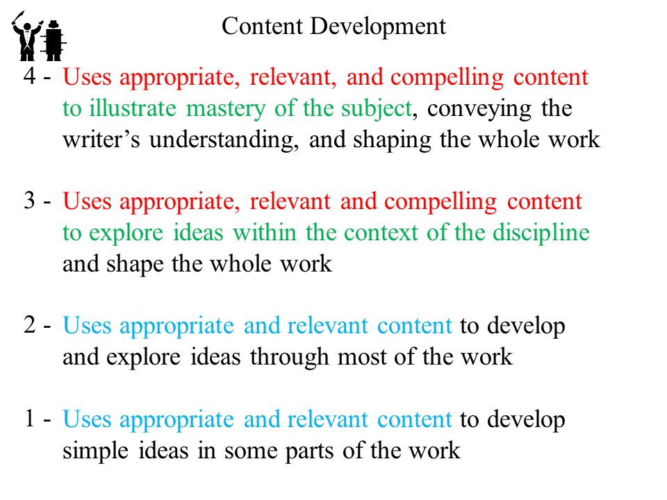 Content Development Uses appropriate, relevant, and compelling content to illustrate mastery of the subject, conveying the writer’s understanding, and shaping the whole work Uses appropriate, relevant and compelling content to explore ideas within the context of the discipline and shape the whole work Uses appropriate and relevant content to develop and explore ideas through most of the work Uses appropriate and relevant content to develop simple ideas in some parts of the work