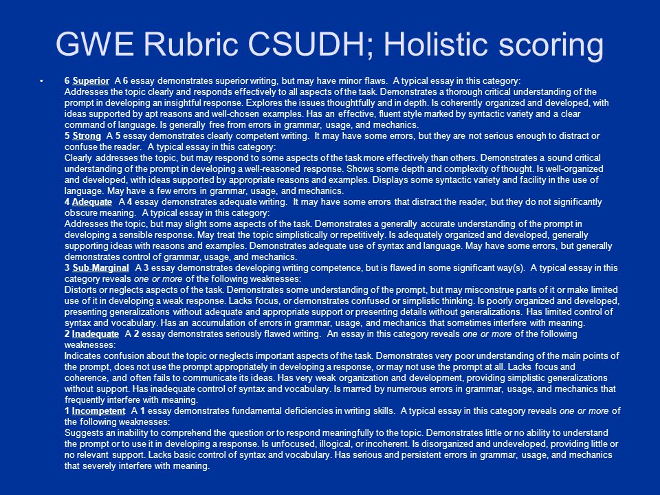 GWE Rubric CSUDH; Holistic scoring 6 Superior A 6 essay demonstrates superior writing, but may have minor flaws.