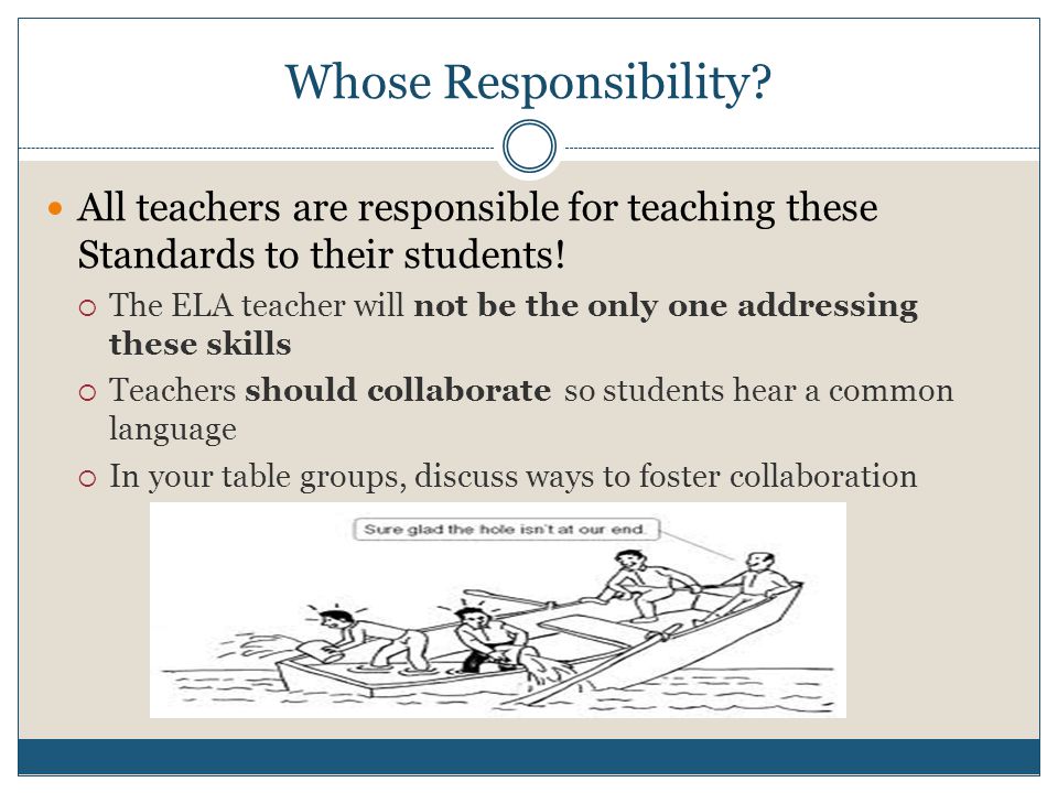 Whose Responsibility. All teachers are responsible for teaching these Standards to their students.