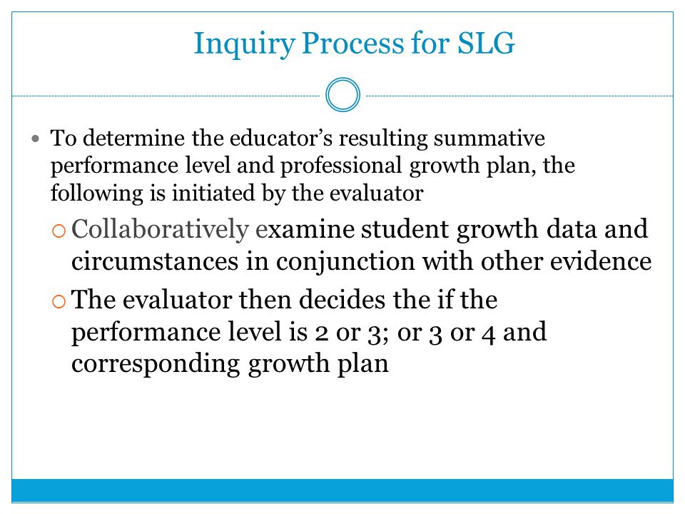 Inquiry Process for SLG To determine the educator’s resulting summative performance level and professional growth plan, the following is initiated by the evaluator  Collaboratively examine student growth data and circumstances in conjunction with other evidence  The evaluator then decides the if the performance level is 2 or 3; or 3 or 4 and corresponding growth plan
