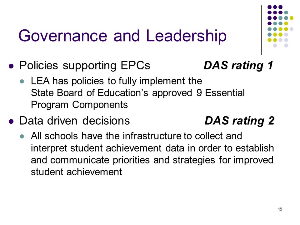19 Governance and Leadership Policies supporting EPCs DAS rating 1 LEA has policies to fully implement the State Board of Education’s approved 9 Essential Program Components Data driven decisions DAS rating 2 All schools have the infrastructure to collect and interpret student achievement data in order to establish and communicate priorities and strategies for improved student achievement
