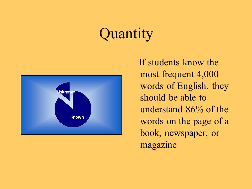 Quantity If students know the most frequent 4,000 words of English, they should be able to understand 86% of the words on the page of a book, newspaper, or magazine